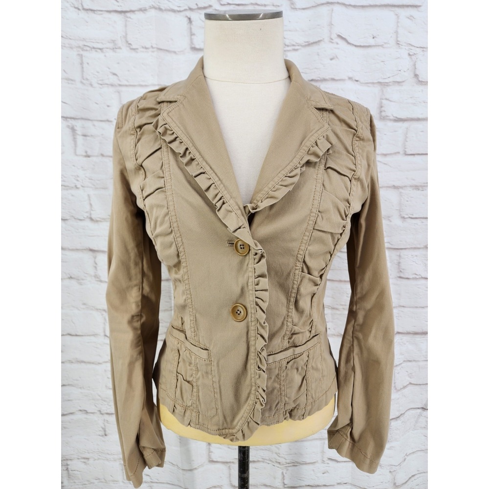 Y2K Janeville Ruffle Jacket Khaki Brat Twee Indie Stretch Cotton Women Size 6